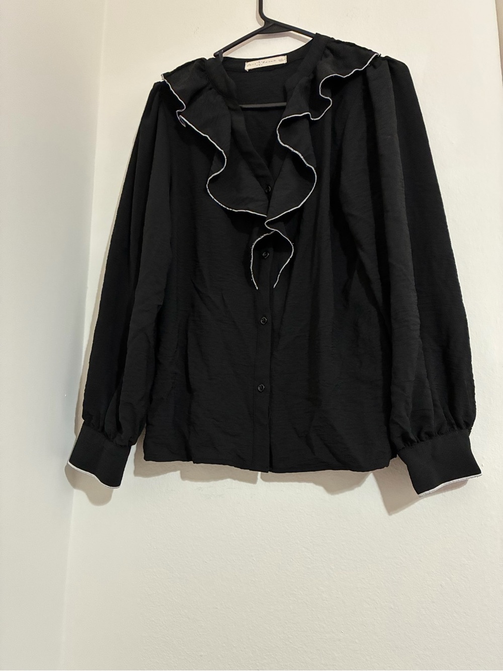 Womens Black Ruffle-Trim Button Down Blouse
